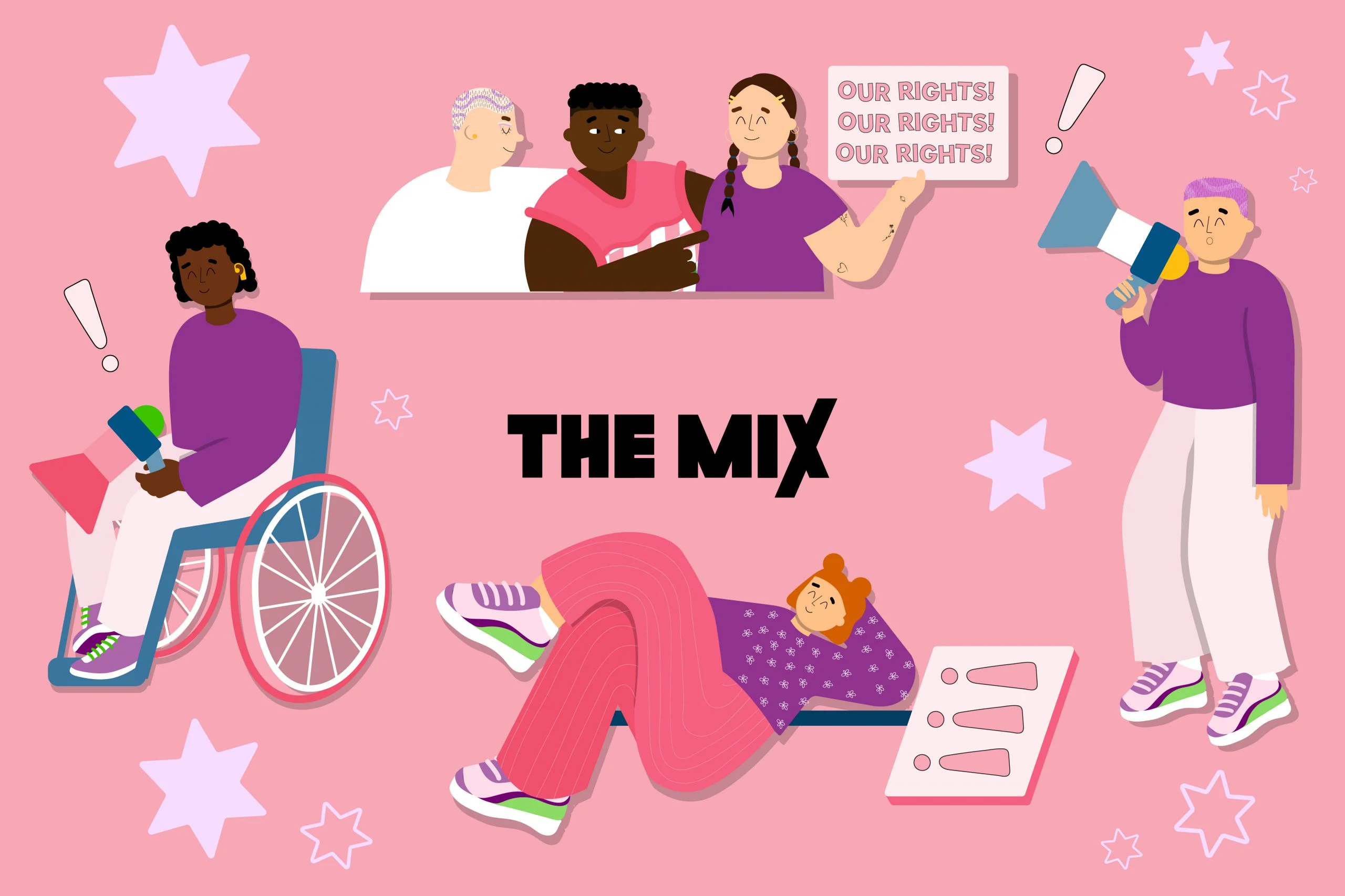 Graphic shows young people against a pink background; some are holding signs and some are holding megaphones to represent the fact that they are in an activist group